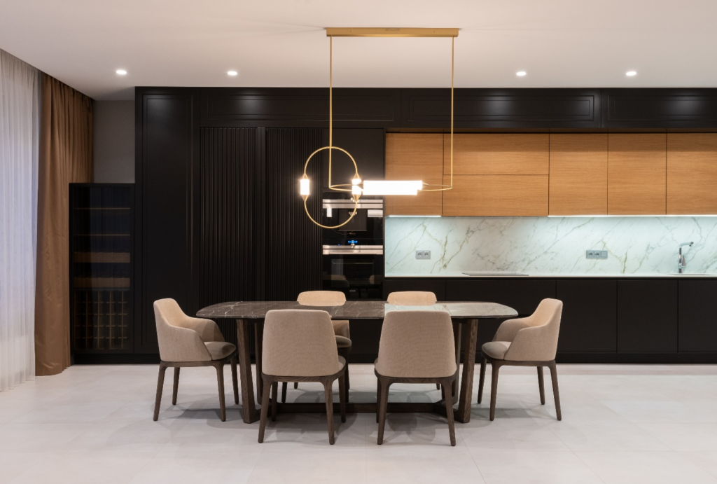 Dining table in the center of a modern kitchen